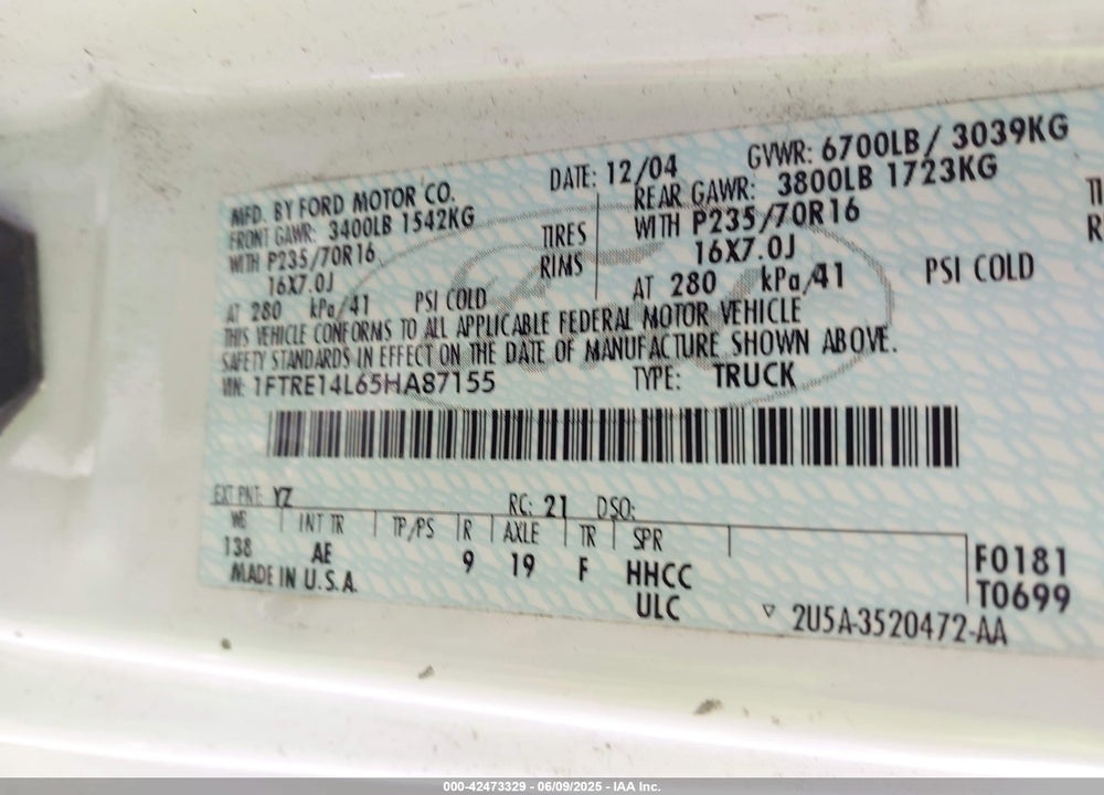 2005 FORD E-150 COMMERCIAL/RECREATIONAL VIN: 1FTRE14L65HA87155