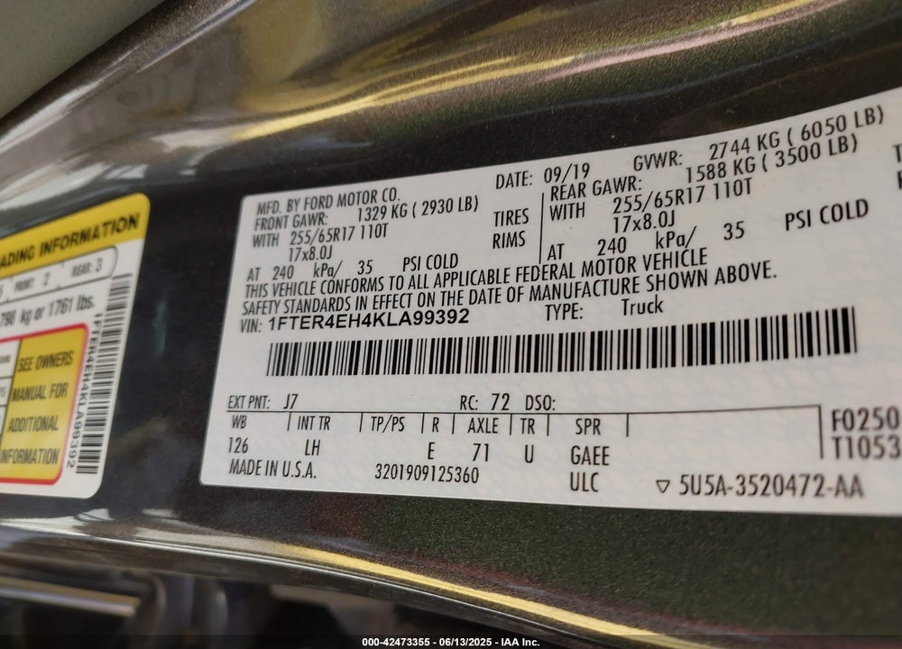 2019 FORD RANGER XL VIN: 1FTER4EH4KLA99392