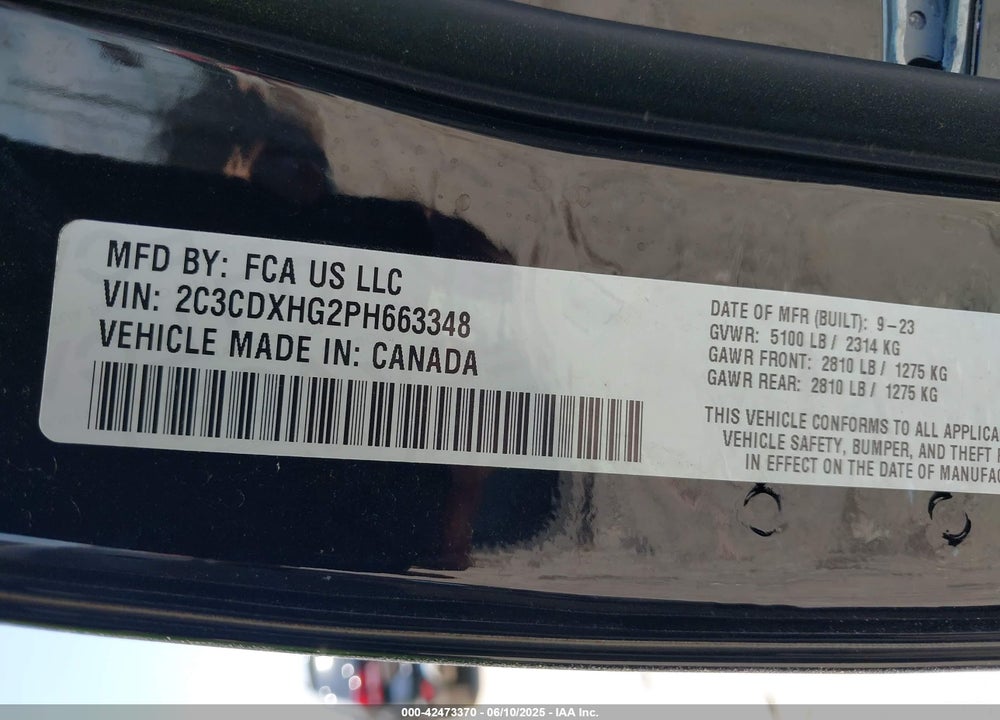 2023 DODGE CHARGER VIN: 2C3CDXHG2PH663348