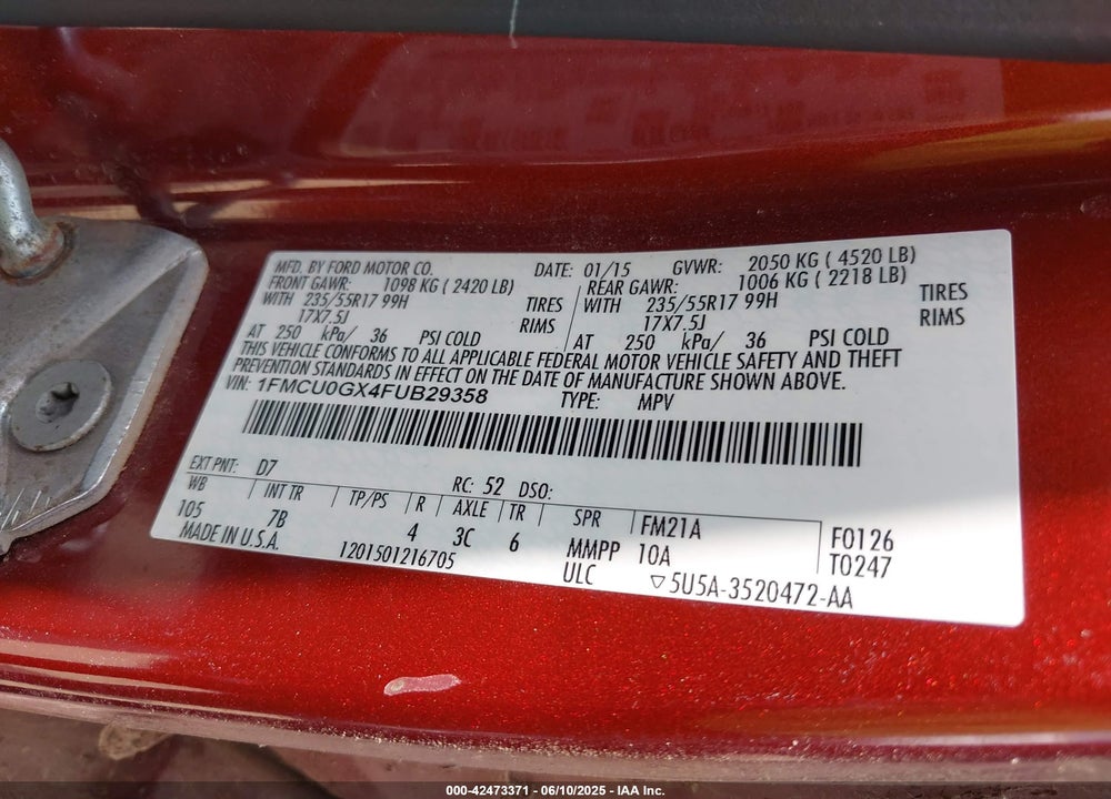 2015 FORD ESCAPE SE VIN: 1FMCU0GX4FUB29358