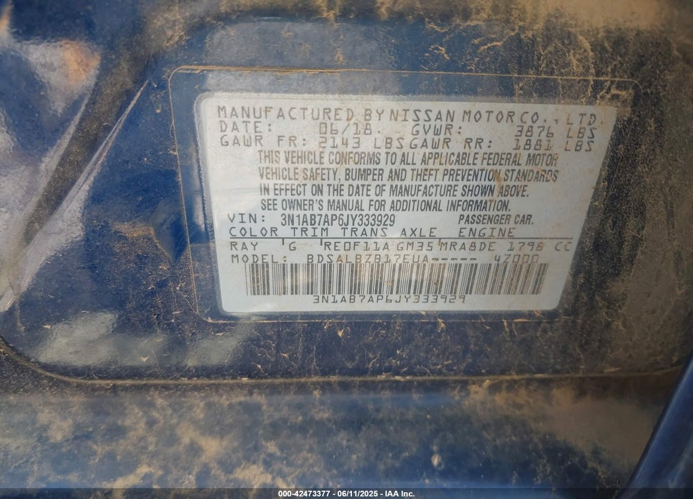 2018 NISSAN SENTRA VIN: 3N1AB7AP6JY333929