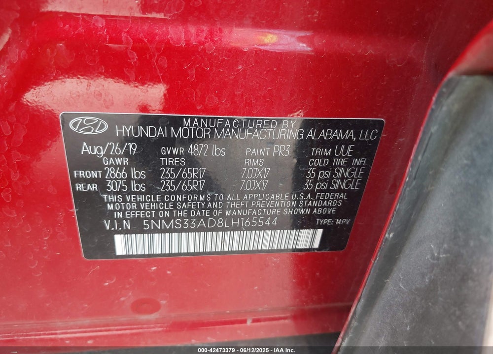 2020 HYUNDAI SANTA FE SEL VIN: 5NMS33AD8LH165544