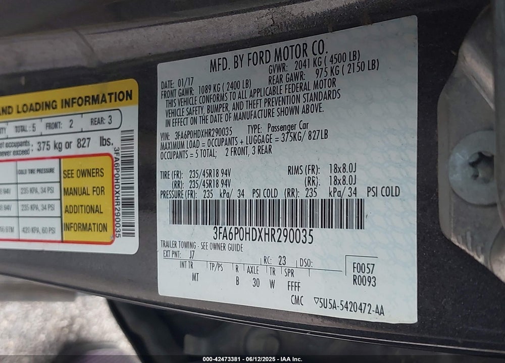 2017 FORD FUSION SE VIN: 3FA6P0HDXHR290035