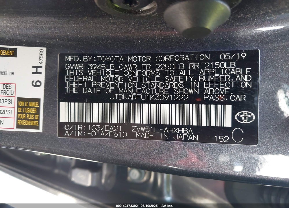 2019 TOYOTA PRIUS VIN: JTDKARFU1K3091222
