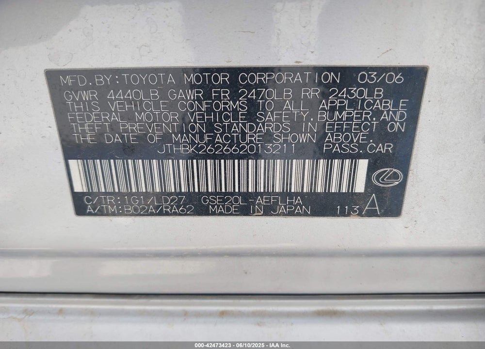 2006 LEXUS IS250 VIN: JTHBK262662013211