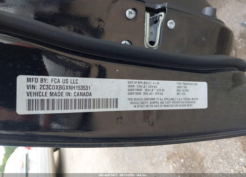2022 DODGE CHARGER VIN: 2C3CDXBGXNH153531