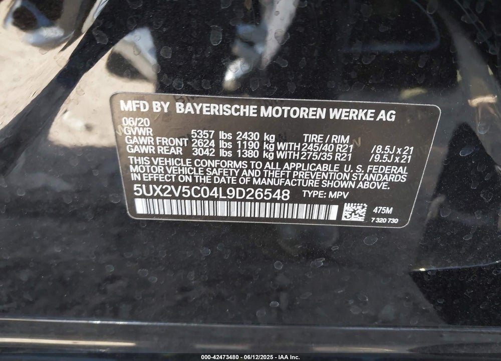 2020 BMW X4 VIN: 5UX2V5C04L9D26548