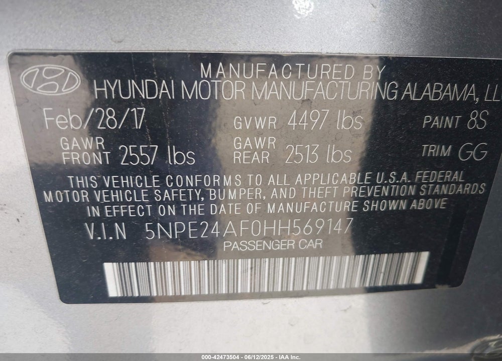 2017 HYUNDAI SONATA VIN: 5NPE24AF0HH569147