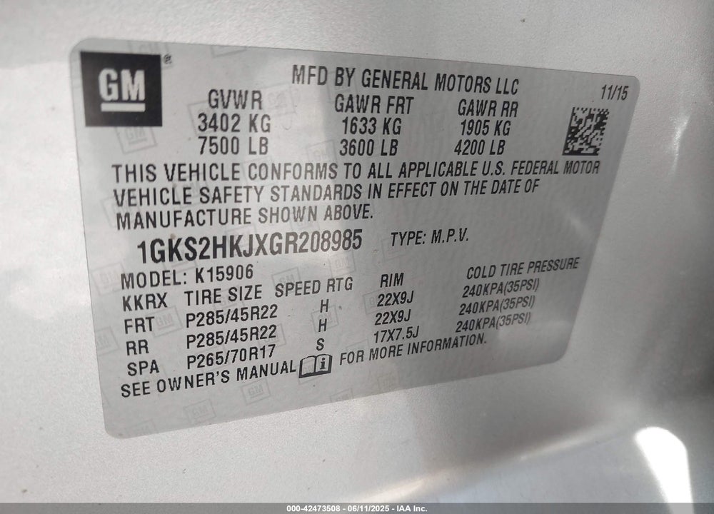 2016 GMC YUKON XL VIN: 1GKS2HKJXGR208985