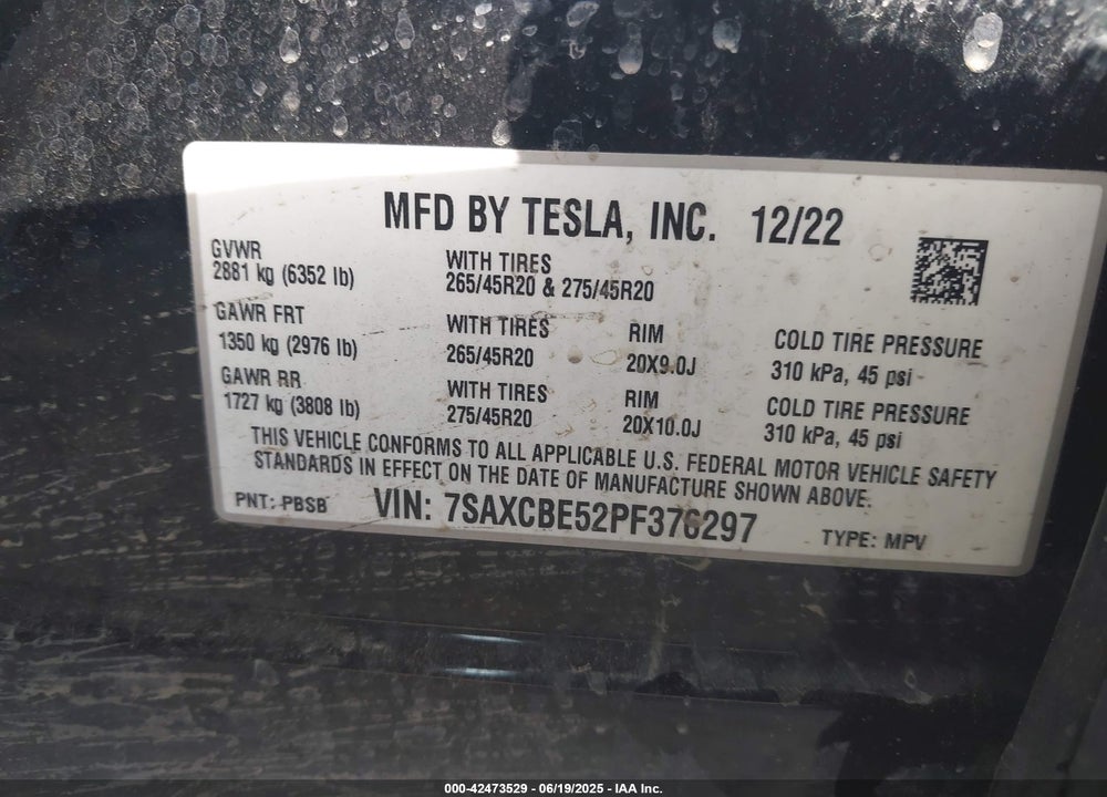 2023 TESLA MODEL X VIN: 7SAXCBE52PF376297