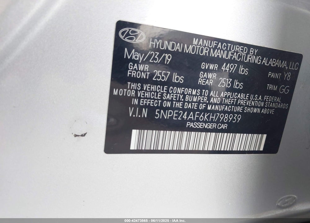 2019 HYUNDAI SONATA VIN: 5NPE24AF6KH798939