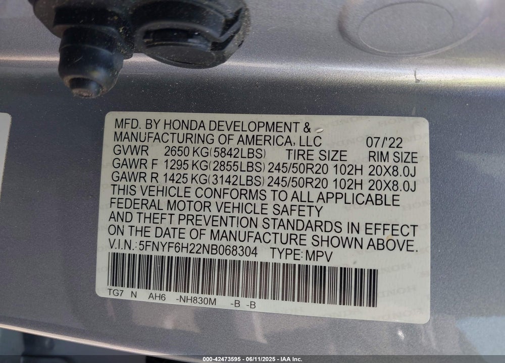 2022 HONDA PILOT VIN: 5FNYF6H22NB068304