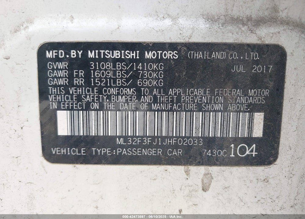 2018 MITSUBISHI MIRAGE G4 VIN: ML32F3FJ1JHF02033