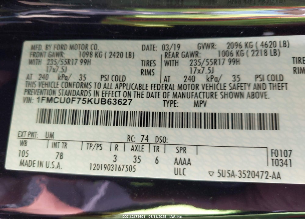 2019 FORD ESCAPE VIN: 1FMCU0F75KUB63627