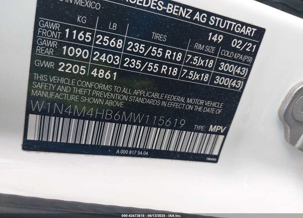 2021 MERCEDES-BENZ GLB-CLASS VIN: W1N4M4HB6MW115619