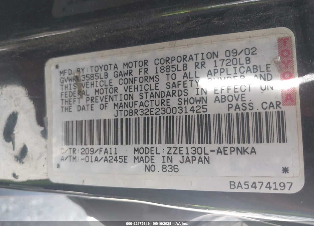 2003 TOYOTA COROLLA LE VIN: JTDBR32E230031425