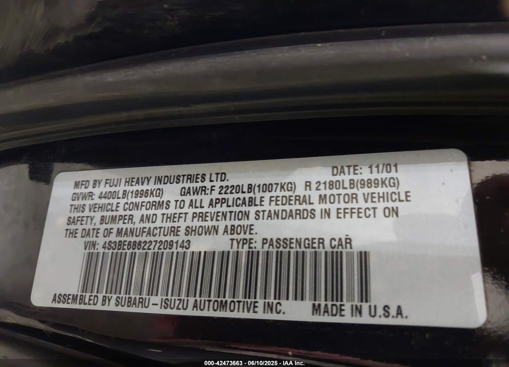 2002 SUBARU OUTBACK LIMITED VIN: 4S3BE686227209143