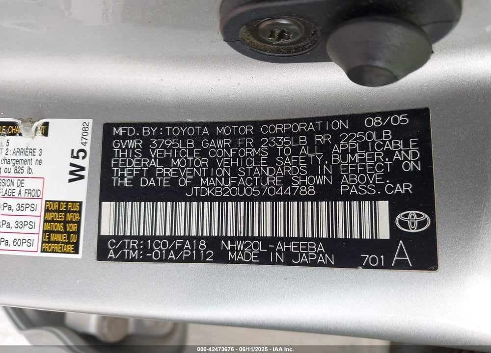 2005 TOYOTA PRIUS VIN: JTDKB20U057044788