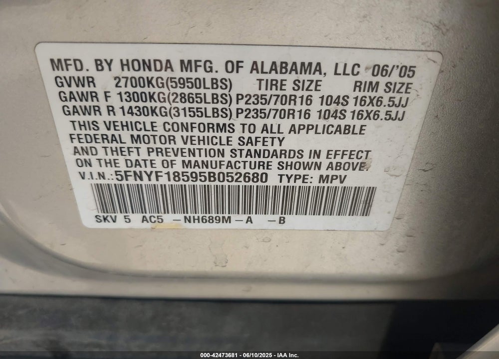 2005 HONDA PILOT EX-L VIN: 5FNYF18595B052680