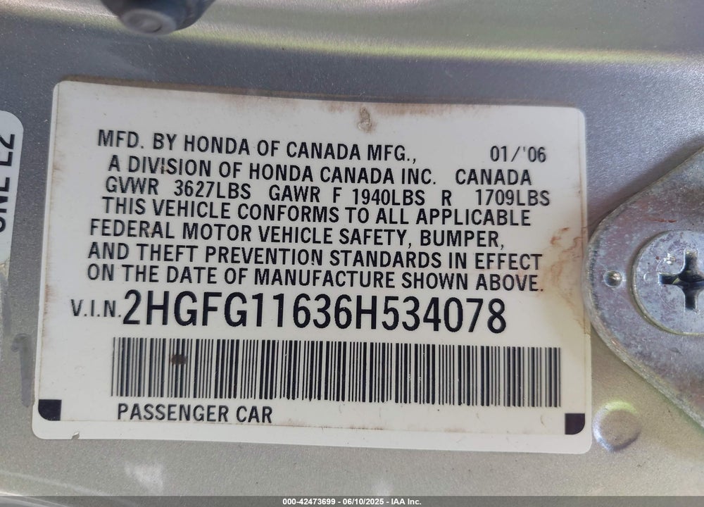 2006 HONDA CIVIC LX VIN: 2HGFG11636H534078