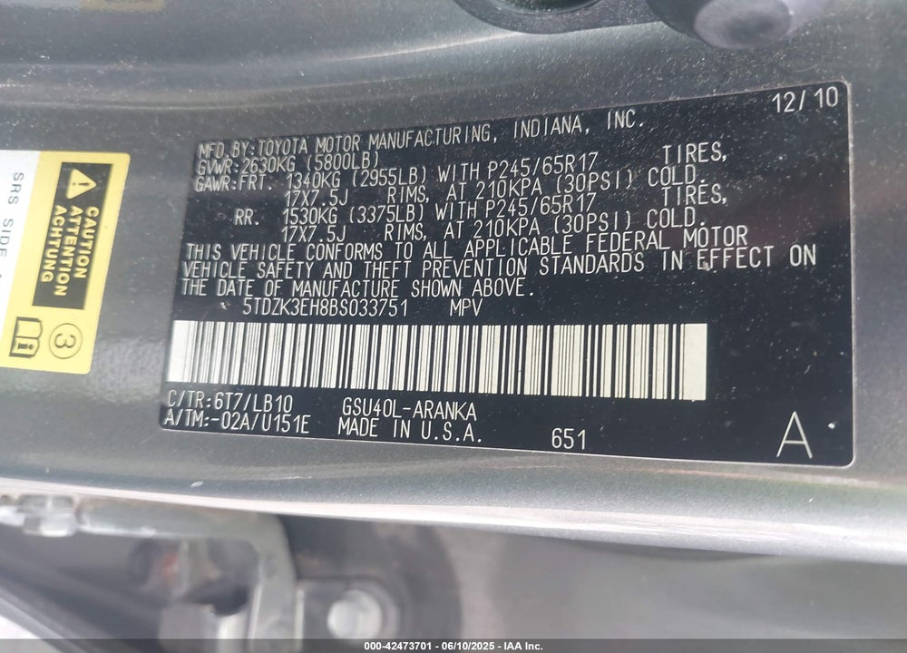 2011 TOYOTA HIGHLANDER VIN: 5TDZK3EH8BS033751