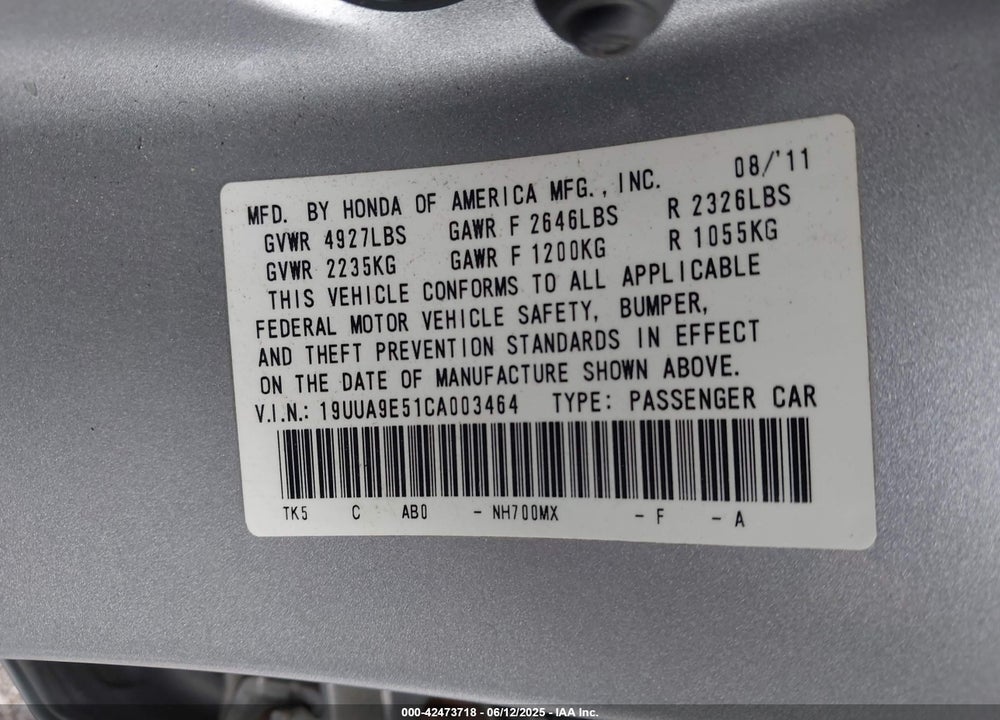 2012 ACURA TL VIN: 19UUA9E51CA003464