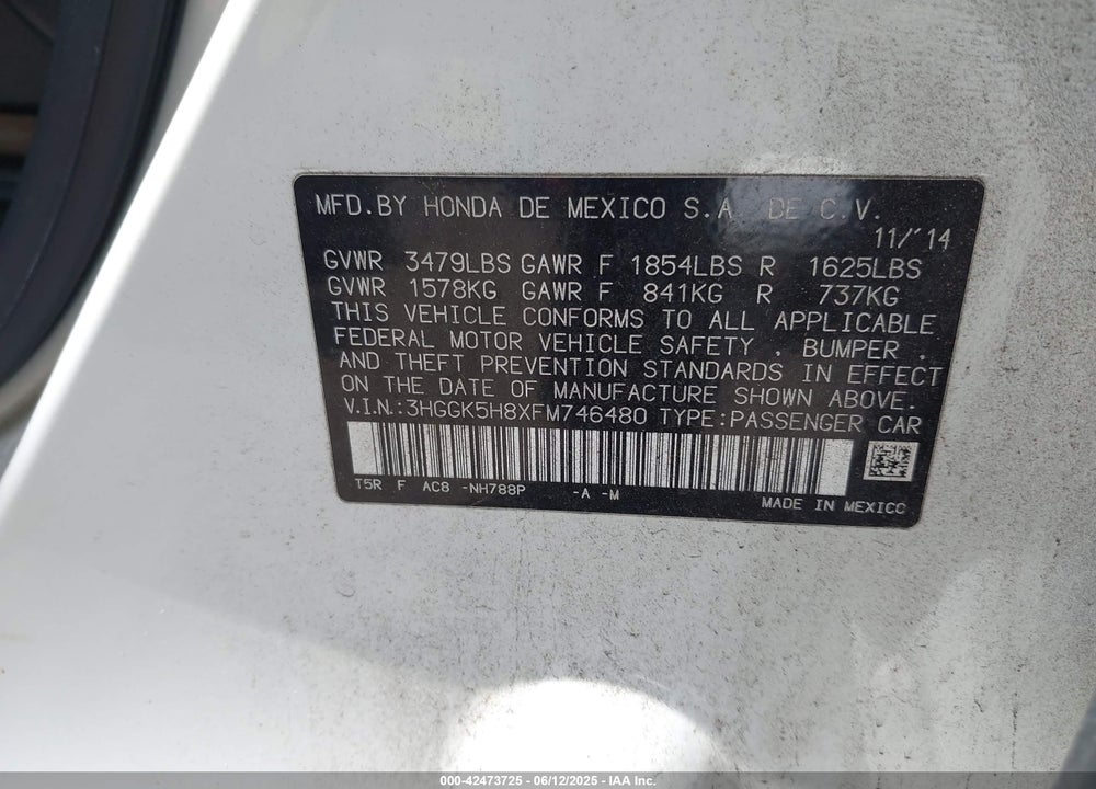 2015 HONDA FIT VIN: 3HGGK5H8XFM746480