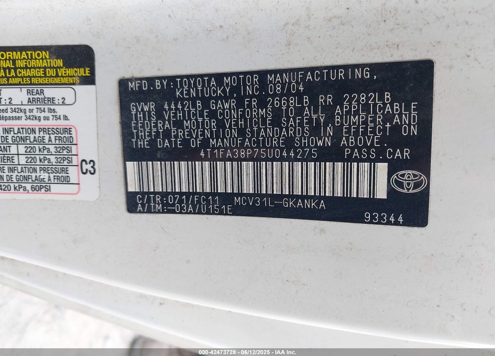 2005 TOYOTA CAMRY SOLARA SE VIN: 4T1FA38P75U044275