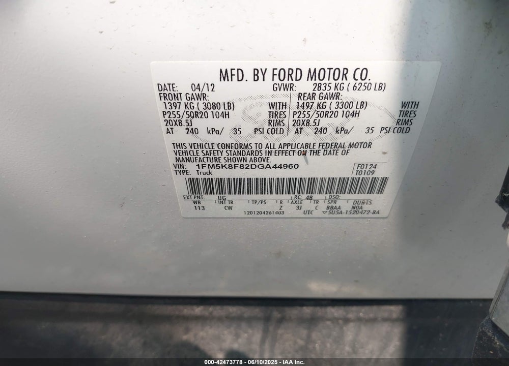 2013 FORD EXPLORER VIN: 1FM5K8F82DGA44960