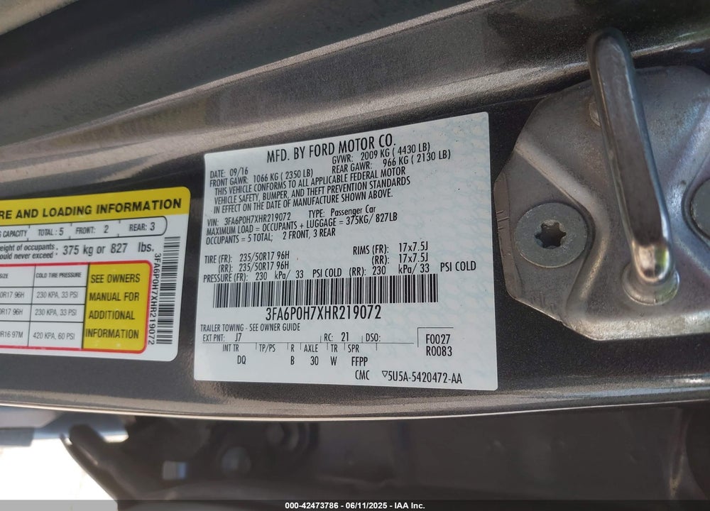 2017 FORD FUSION VIN: 3FA6P0H7XHR219072