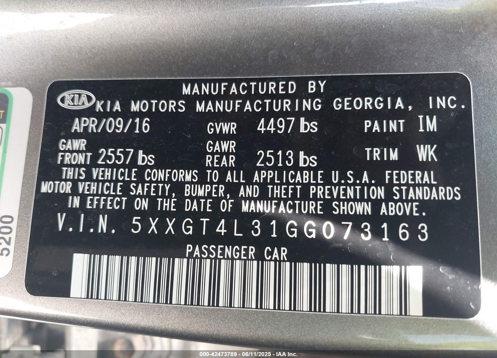 2016 KIA OPTIMA LX VIN: 5XXGT4L31GG073163