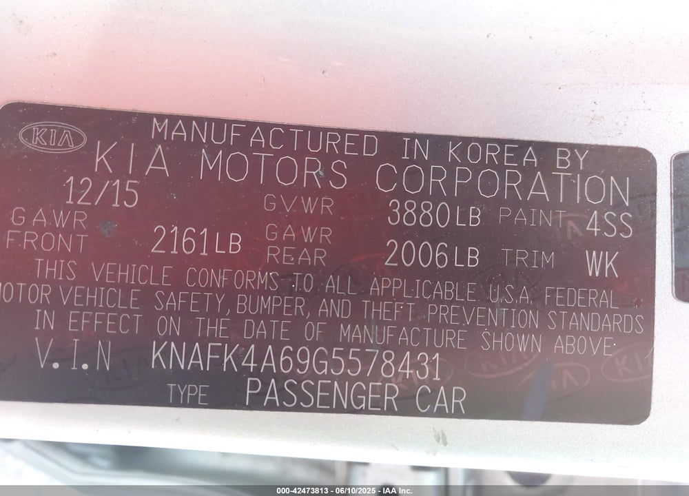 2016 KIA FORTE VIN: KNAFK4A69G5578431