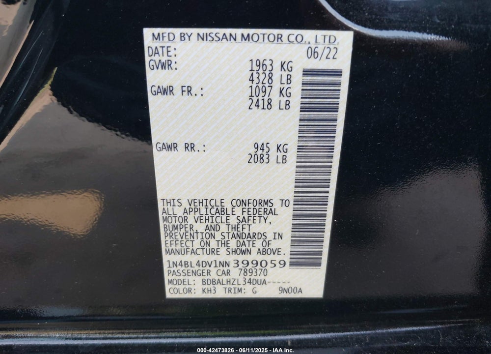2022 NISSAN ALTIMA VIN: 1N4BL4DV1NN399059