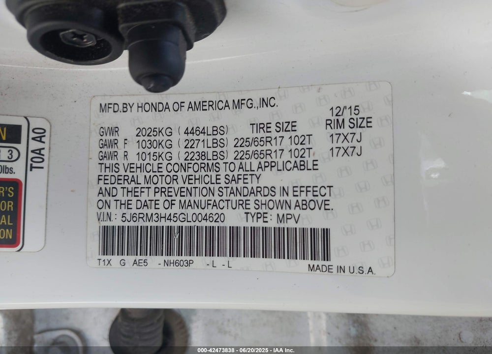 2016 HONDA CR-V VIN: 5J6RM3H45GL004620