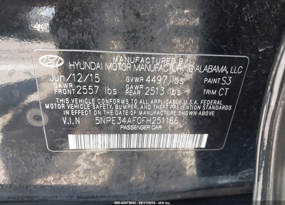 2015 HYUNDAI SONATA VIN: 5NPE34AF0FH251166