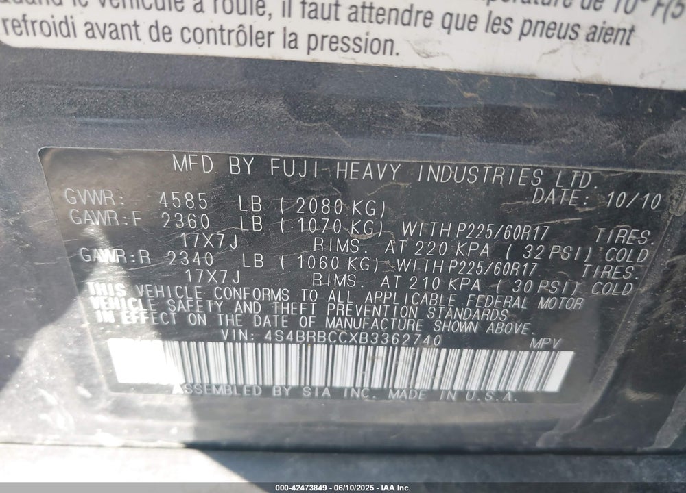 2011 SUBARU OUTBACK VIN: 4S4BRBCCXB3362740
