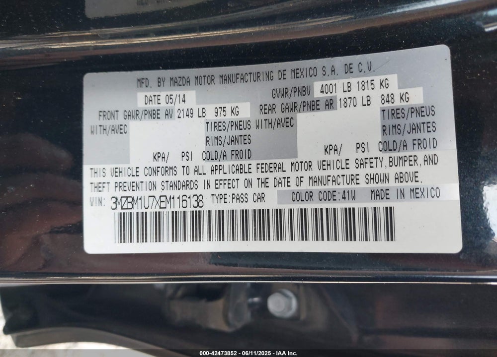 2014 MAZDA MAZDA3 VIN: 3MZBM1U7XEM116138