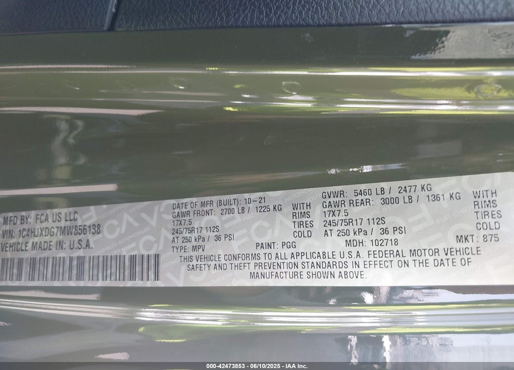 2021 JEEP WRANGLER UNLIMITED VIN: 1C4HJXDG7MW856138
