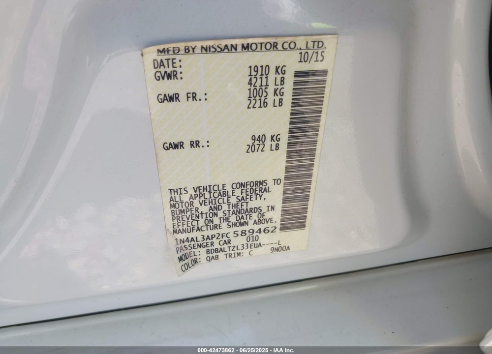 2015 NISSAN ALTIMA VIN: 1N4AL3AP2FC589462