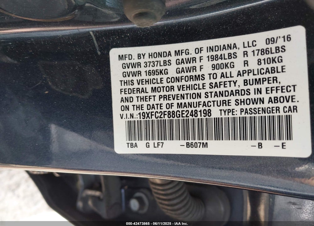 2016 HONDA CIVIC EX VIN: 19XFC2F88GE248198