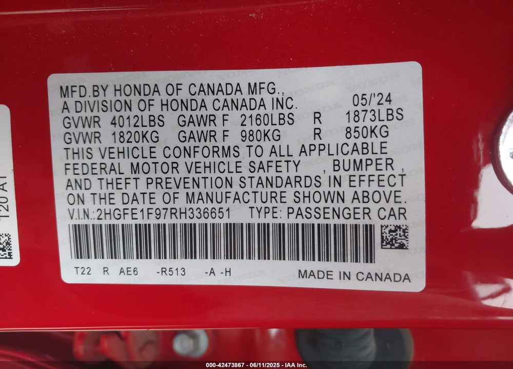 2024 HONDA CIVIC TOURING VIN: 2HGFE1F97RH336651
