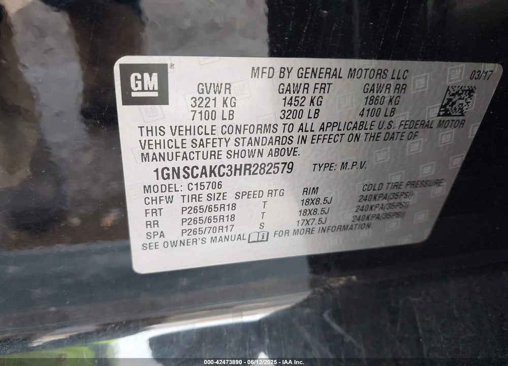 2017 CHEVROLET TAHOE VIN: 1GNSCAKC3HR282579