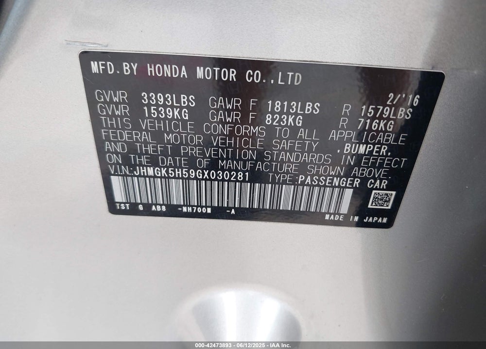 2016 HONDA FIT VIN: JHMGK5H59GX030281