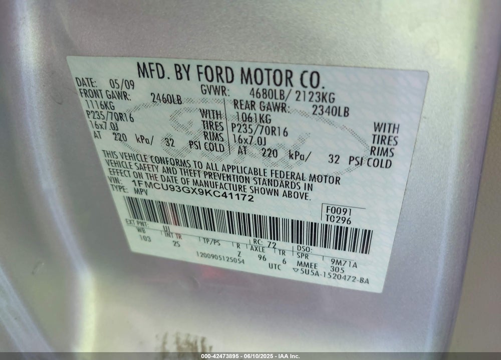 2009 FORD ESCAPE XLT VIN: 1FMCU93GX9KC41172