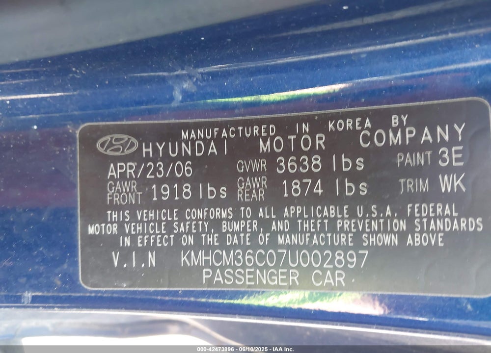 2007 HYUNDAI ACCENT VIN: KMHCM36C07U002897