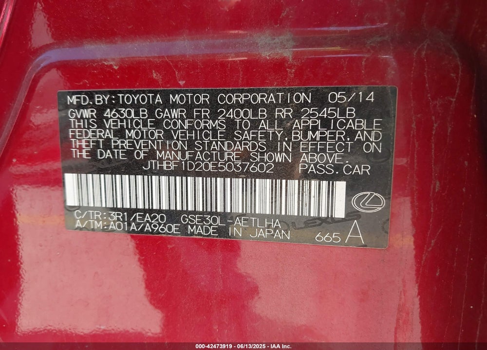 2014 LEXUS IS 250 VIN: JTHBF1D20E5037602