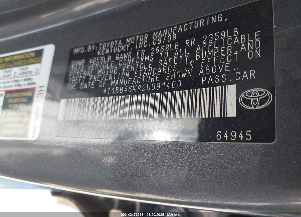 2009 TOYOTA CAMRY HYBRID VIN: 4T1BB46K89U091460