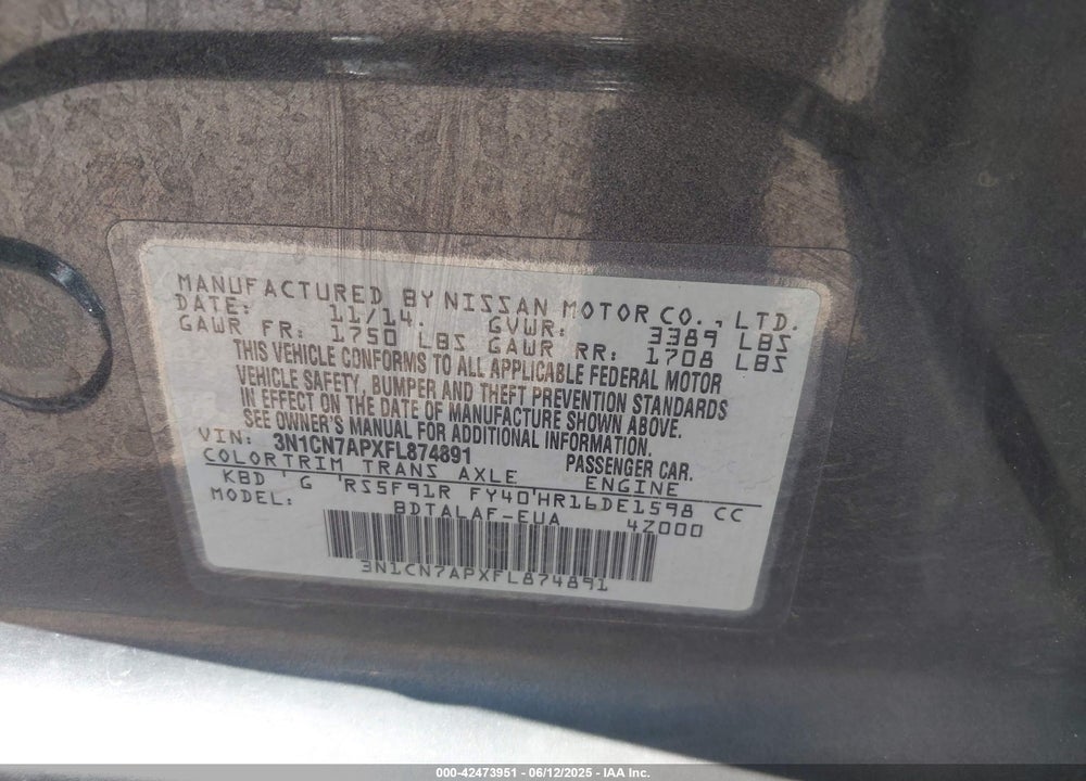 2015 NISSAN VERSA 1.6 S+ VIN: 3N1CN7APXFL874891