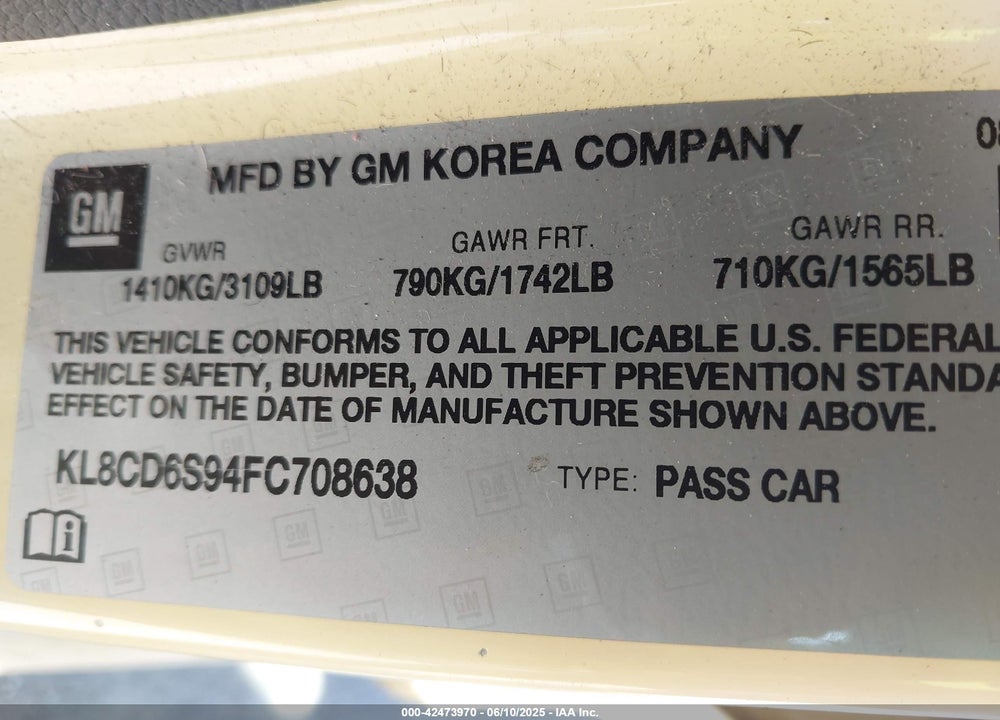 2015 CHEVROLET SPARK 1LT CVT VIN: KL8CD6S94FC708638