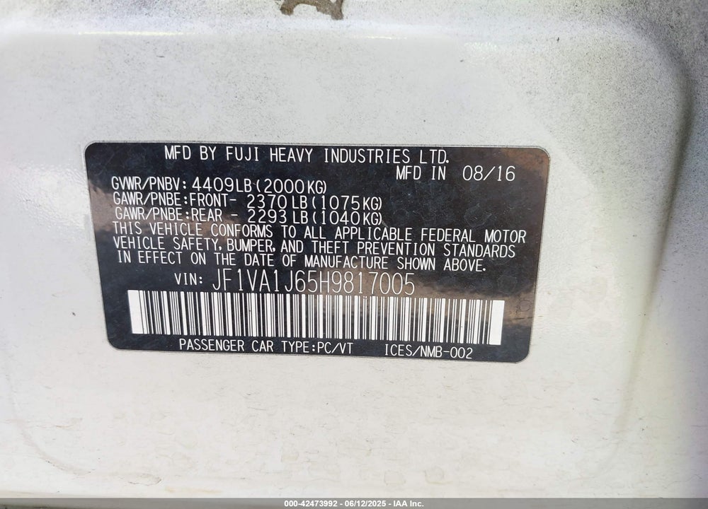 2017 SUBARU WRX VIN: JF1VA1J65H9817005